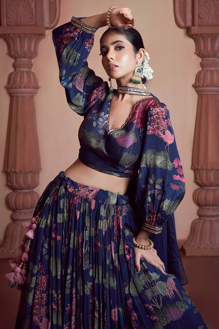 Megha Pitti Blue Bamboo, Brocade Embroidery, Tassels V-neck Botanic Print Lehenga Set Online at Aza Fashions Megha Pitti_Blue Bamboo, Brocade Embroidery, Tassels V-neck Botanic Print Lehenga Set _Online_at_Aza_Fashions