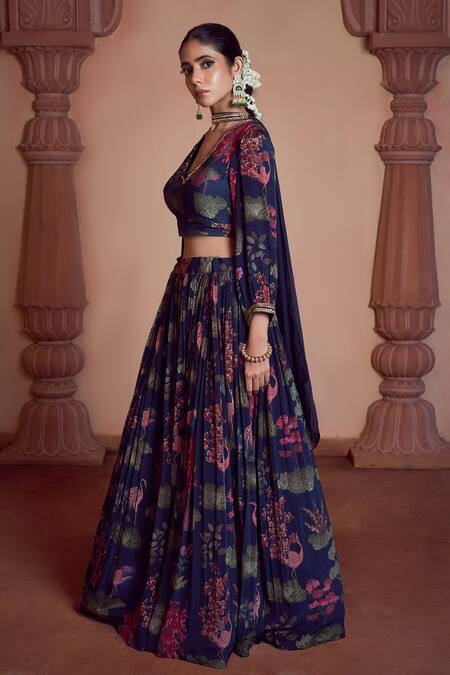 Buy Megha Pitti Blue Bamboo, Brocade Embroidery, Tassels V-neck Botanic Print Lehenga Set Online at Aza Fashions Buy_Megha Pitti_Blue Bamboo, Brocade Embroidery, Tassels V-neck Botanic Print Lehenga Set _Online_at_Aza_Fashions