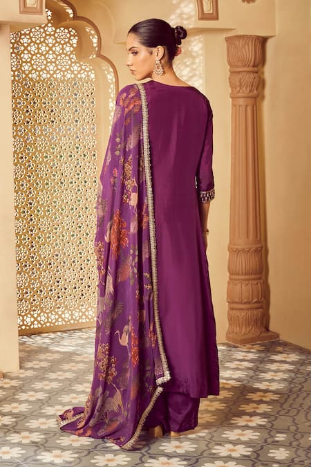 Shop Megha Pitti Purple Silk, Georgette Embroidery Split Kurta Set With Botanic Print Dupatta at Aza Fashions Shop_Megha Pitti_Purple Silk, Georgette Embroidery Split Kurta Set With Botanic Print Dupatta _at_Aza_Fashions