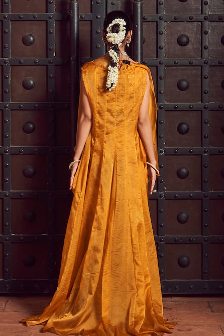 Shop Megha Pitti Yellow Brocade Embroidery V-, Round Forest Print Pant Set With Jacket at Aza Fashions Shop_Megha Pitti_Yellow Brocade Embroidery V-, Round Forest Print Pant Set With Jacket _at_Aza_Fashions