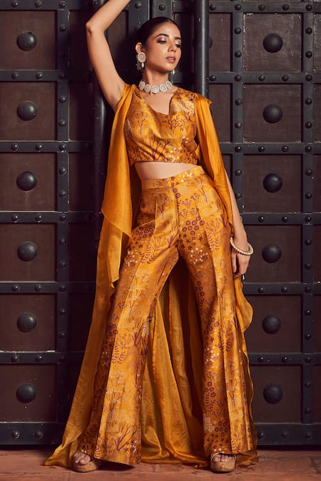 Megha Pitti Yellow Brocade Embroidery V-, Round Forest Print Pant Set With Jacket Online at Aza Fashions Megha Pitti_Yellow Brocade Embroidery V-, Round Forest Print Pant Set With Jacket _Online_at_Aza_Fashions