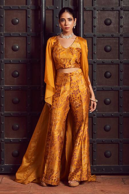 Buy Megha Pitti Yellow Brocade Embroidery V-, Round Forest Print Pant Set With Jacket Online at Aza Fashions Buy_Megha Pitti_Yellow Brocade Embroidery V-, Round Forest Print Pant Set With Jacket _Online_at_Aza_Fashions