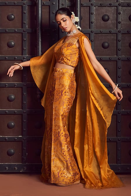 Shop Megha Pitti Yellow Brocade Embroidery V-, Round Forest Print Pant Set With Jacket Online at Aza Fashions Shop_Megha Pitti_Yellow Brocade Embroidery V-, Round Forest Print Pant Set With Jacket _Online_at_Aza_Fashions