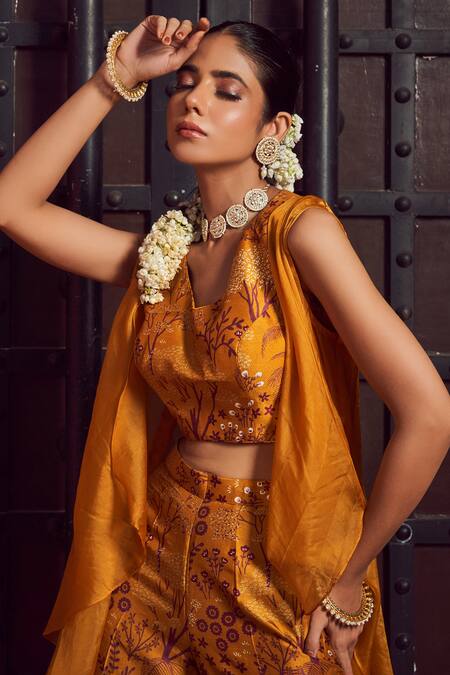 Megha Pitti Yellow Brocade Embroidery V-, Round Forest Print Pant Set With Jacket at Aza Fashions Megha Pitti_Yellow Brocade Embroidery V-, Round Forest Print Pant Set With Jacket _at_Aza_Fashions