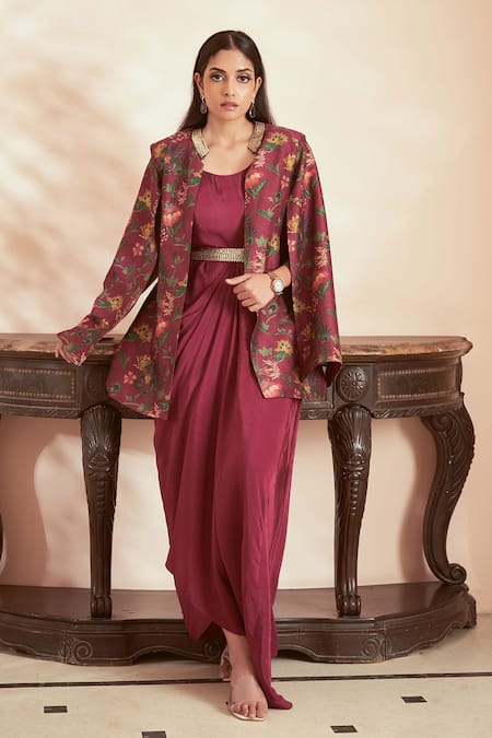 Megha Pitti Pink Bemberg Silk Floral Printed Gown Round Jacket And Draped Set 