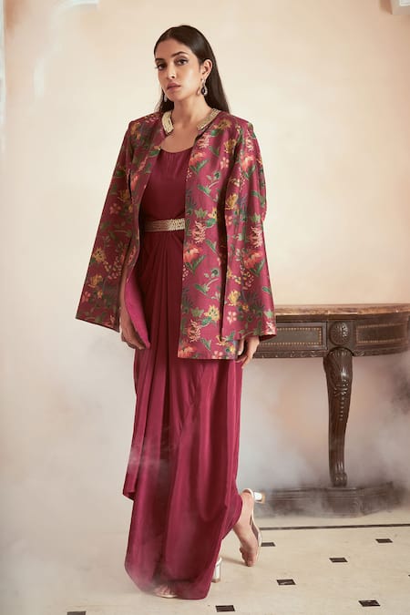 Buy_Megha Pitti_Pink Bamboo, Silk, Brocade Embroidery Floral Print Jacket And Draped Gown Set _Online_at_Aza_Fashions