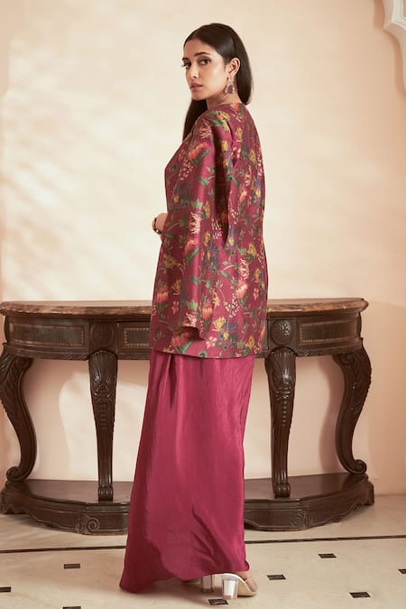 Shop_Megha Pitti_Pink Bamboo, Silk, Brocade Embroidery Floral Print Jacket And Draped Gown Set _Online_at_Aza_Fashions