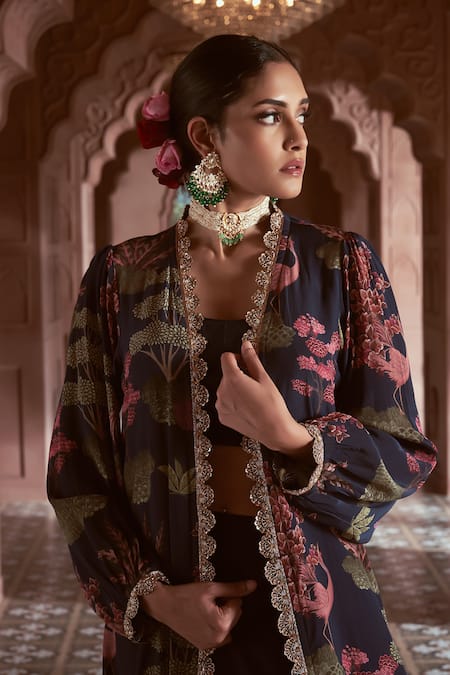 Megha Pitti_Blue Lace Scoop , Round Mermaid Skirt Set With Printed Jacket _Online_at_Aza_Fashions