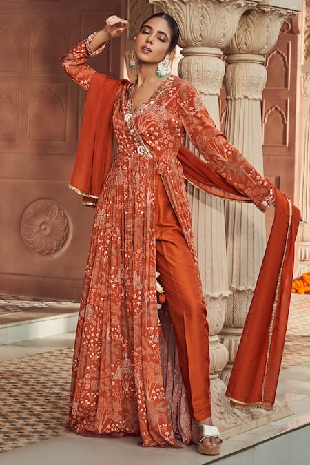 Megha Pitti_Orange Embroidery V-neck Floral Print Front Slit Anarkali Set _Online_at_Aza_Fashions