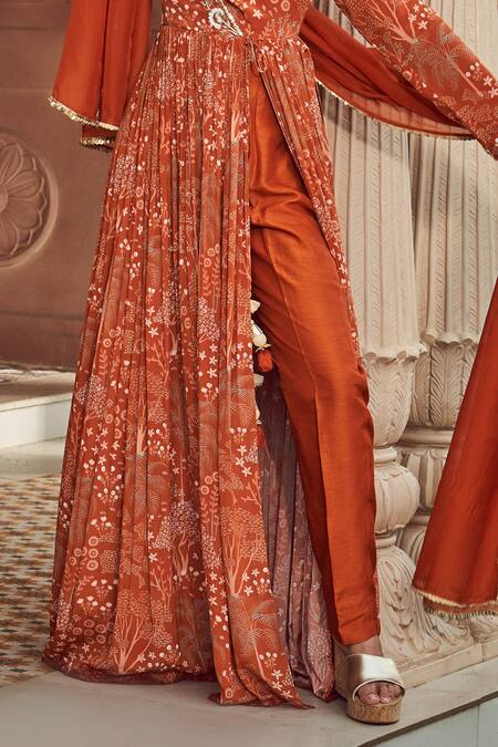 Buy_Megha Pitti_Orange Embroidery V-neck Floral Print Front Slit Anarkali Set _Online_at_Aza_Fashions