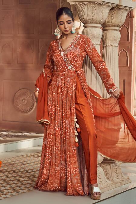 Shop_Megha Pitti_Orange Embroidery V-neck Floral Print Front Slit Anarkali Set _Online_at_Aza_Fashions