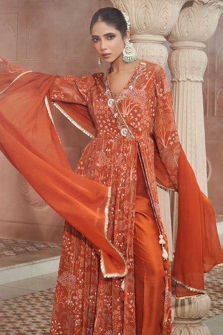 Megha Pitti_Orange Embroidery V-neck Floral Print Front Slit Anarkali Set _at_Aza_Fashions