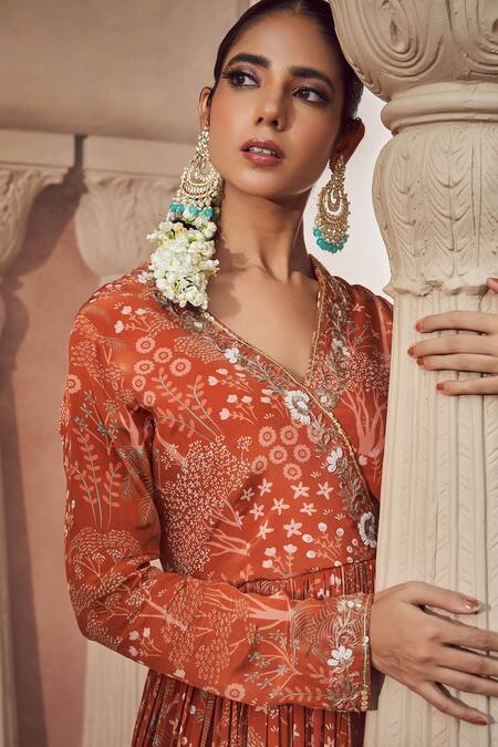 Shop_Megha Pitti_Orange Embroidery V-neck Floral Print Front Slit Anarkali Set 