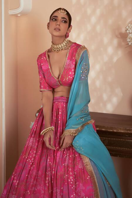 Megha Pitti Pink Brocade, Silk Embroidery, Tassels V-neck Floral Print Pleated Lehenga Set Online at Aza Fashions Megha Pitti_Pink Brocade, Silk Embroidery, Tassels V-neck Floral Print Pleated Lehenga Set _Online_at_Aza_Fashions
