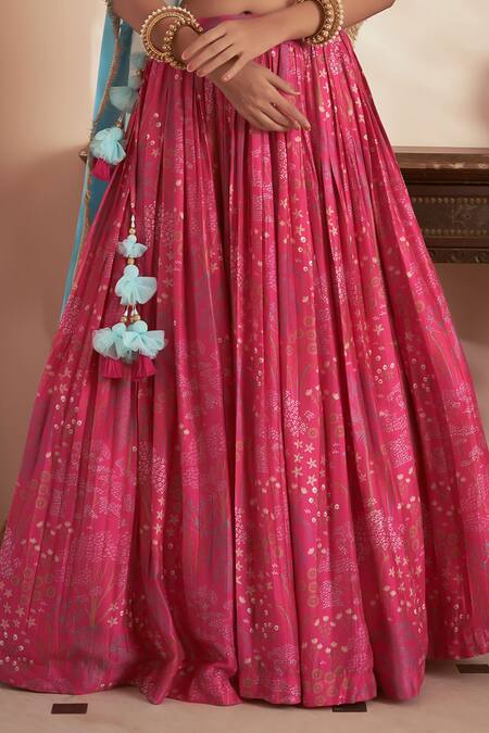Buy Megha Pitti Pink Brocade, Silk Embroidery, Tassels V-neck Floral Print Pleated Lehenga Set Online at Aza Fashions Buy_Megha Pitti_Pink Brocade, Silk Embroidery, Tassels V-neck Floral Print Pleated Lehenga Set _Online_at_Aza_Fashions