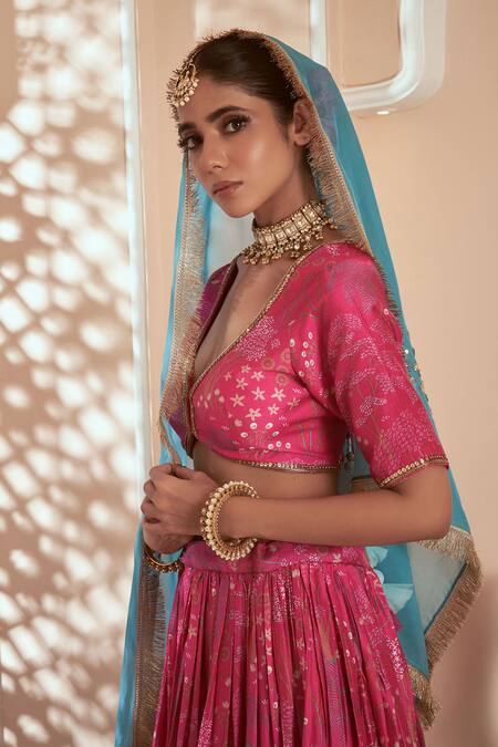 Shop Megha Pitti Pink Brocade, Silk Embroidery, Tassels V-neck Floral Print Pleated Lehenga Set Online at Aza Fashions Shop_Megha Pitti_Pink Brocade, Silk Embroidery, Tassels V-neck Floral Print Pleated Lehenga Set _Online_at_Aza_Fashions