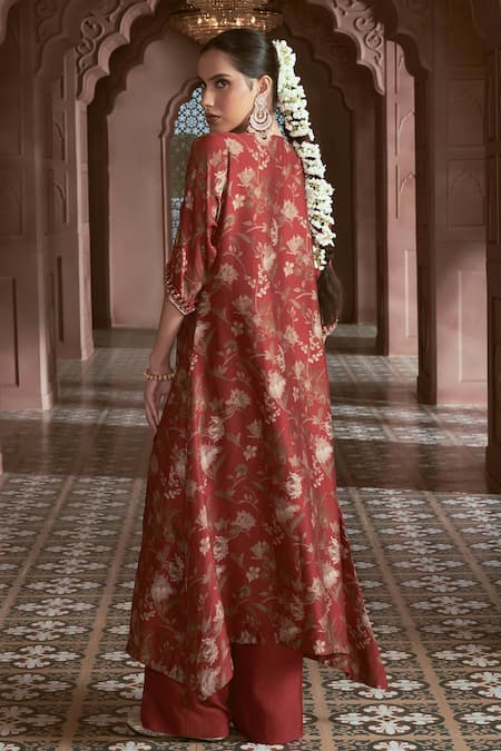 Shop Megha Pitti Maroon Silk Embroidery V-neck Flower Print Kurta With Pant at Aza Fashions Shop_Megha Pitti_Maroon Silk Embroidery V-neck Flower Print Kurta With Pant _at_Aza_Fashions