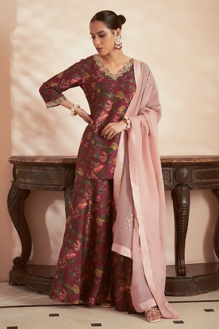 Megha Pitti Pink Bemberg Silk Flower Printed V Neck Short Kurta Sharara Set 