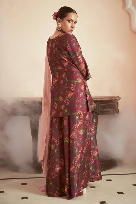 Shop Megha Pitti Pink Bamboo, Silk Embroidery V-neck Flower Print Short Kurta Sharara Set at Aza Fashions Shop_Megha Pitti_Pink Bamboo, Silk Embroidery V-neck Flower Print Short Kurta Sharara Set _at_Aza_Fashions