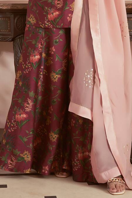 Megha Pitti Pink Bamboo, Silk Embroidery V-neck Flower Print Short Kurta Sharara Set Online at Aza Fashions Megha Pitti_Pink Bamboo, Silk Embroidery V-neck Flower Print Short Kurta Sharara Set _Online_at_Aza_Fashions