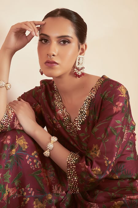 Buy Megha Pitti Pink Bamboo, Silk Embroidery V-neck Flower Print Short Kurta Sharara Set Online at Aza Fashions Buy_Megha Pitti_Pink Bamboo, Silk Embroidery V-neck Flower Print Short Kurta Sharara Set _Online_at_Aza_Fashions