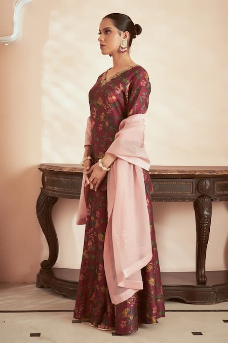 Shop Megha Pitti Pink Bamboo, Silk Embroidery V-neck Flower Print Short Kurta Sharara Set Online at Aza Fashions Shop_Megha Pitti_Pink Bamboo, Silk Embroidery V-neck Flower Print Short Kurta Sharara Set _Online_at_Aza_Fashions