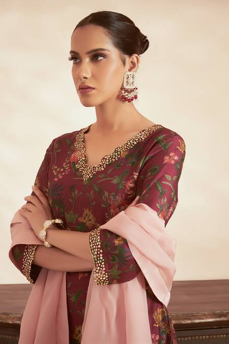 Megha Pitti Pink Bamboo, Silk Embroidery V-neck Flower Print Short Kurta Sharara Set at Aza Fashions Megha Pitti_Pink Bamboo, Silk Embroidery V-neck Flower Print Short Kurta Sharara Set _at_Aza_Fashions