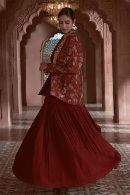 Megha Pitti Maroon Bamboo Embroidery Collared, Floral Print Jacket And Gathered Skirt Set Online at Aza Fashions Megha Pitti_Maroon Bamboo Embroidery Collared, Floral Print Jacket And Gathered Skirt Set _Online_at_Aza_Fashions