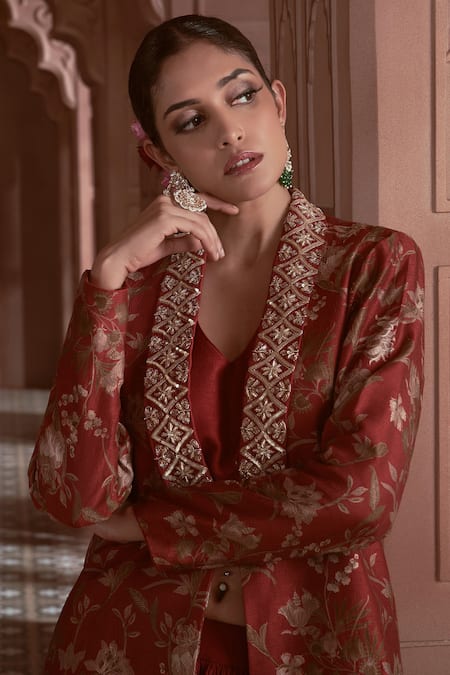 Shop Megha Pitti Maroon Bamboo Embroidery Collared, Floral Print Jacket And Gathered Skirt Set Online at Aza Fashions Shop_Megha Pitti_Maroon Bamboo Embroidery Collared, Floral Print Jacket And Gathered Skirt Set _Online_at_Aza_Fashions