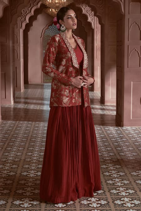 Megha Pitti Maroon Bamboo Embroidery Collared, Floral Print Jacket And Gathered Skirt Set at Aza Fashions Megha Pitti_Maroon Bamboo Embroidery Collared, Floral Print Jacket And Gathered Skirt Set _at_Aza_Fashions
