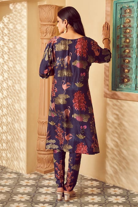 Shop Megha Pitti Blue Silk Scoop Neck Botanic Print Kurta And Pant Co-ord Set at Aza Fashions Shop_Megha Pitti_Blue Silk Scoop Neck Botanic Print Kurta And Pant Co-ord Set _at_Aza_Fashions