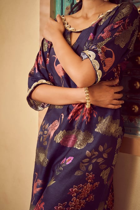 Megha Pitti Blue Silk Scoop Neck Botanic Print Kurta And Pant Co-ord Set Online at Aza Fashions Megha Pitti_Blue Silk Scoop Neck Botanic Print Kurta And Pant Co-ord Set _Online_at_Aza_Fashions