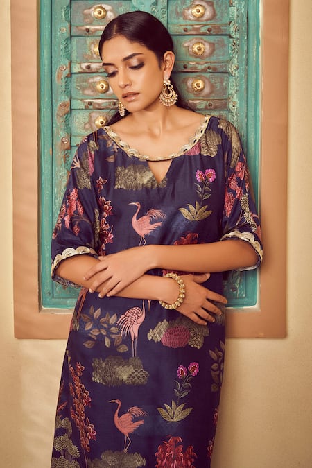 Buy Megha Pitti Blue Silk Scoop Neck Botanic Print Kurta And Pant Co-ord Set Online at Aza Fashions Buy_Megha Pitti_Blue Silk Scoop Neck Botanic Print Kurta And Pant Co-ord Set _Online_at_Aza_Fashions