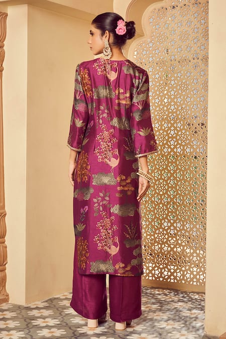 Shop Megha Pitti Purple Silk, Bamboo Embroidery V-neck Botanic Print Kurta Pant Set at Aza Fashions Shop_Megha Pitti_Purple Silk, Bamboo Embroidery V-neck Botanic Print Kurta Pant Set _at_Aza_Fashions