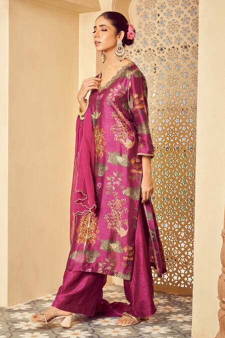 Megha Pitti Purple Silk, Bamboo Embroidery V-neck Botanic Print Kurta Pant Set Online at Aza Fashions Megha Pitti_Purple Silk, Bamboo Embroidery V-neck Botanic Print Kurta Pant Set _Online_at_Aza_Fashions