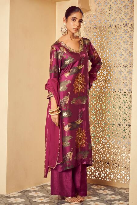 Buy Megha Pitti Purple Silk, Bamboo Embroidery V-neck Botanic Print Kurta Pant Set Online at Aza Fashions Buy_Megha Pitti_Purple Silk, Bamboo Embroidery V-neck Botanic Print Kurta Pant Set _Online_at_Aza_Fashions