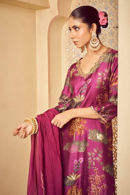 Shop Megha Pitti Purple Silk, Bamboo Embroidery V-neck Botanic Print Kurta Pant Set Online at Aza Fashions Shop_Megha Pitti_Purple Silk, Bamboo Embroidery V-neck Botanic Print Kurta Pant Set _Online_at_Aza_Fashions