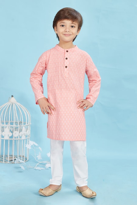 Maaikid_Peach Cotton Floral Print Kurta And Pyjama Set _Online_at_Aza_Fashions