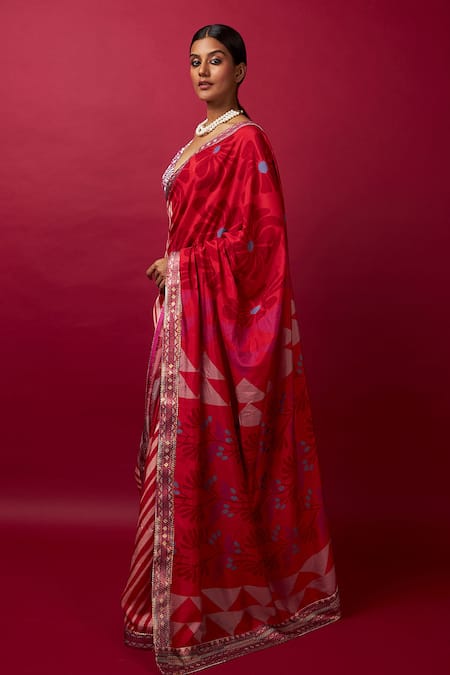 Vedika M_Multi Color Silk, Satin Sequins Pre-stitched Abstract Print Saree With Blouse _Online_at_Aza_Fashions