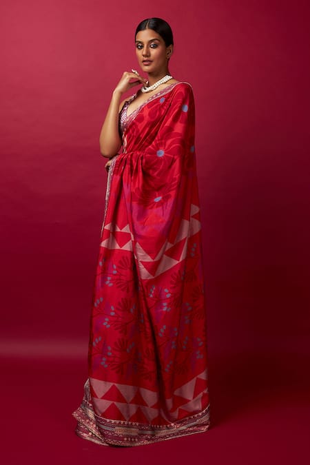 Buy_Vedika M_Multi Color Silk, Satin Sequins Pre-stitched Abstract Print Saree With Blouse _Online_at_Aza_Fashions