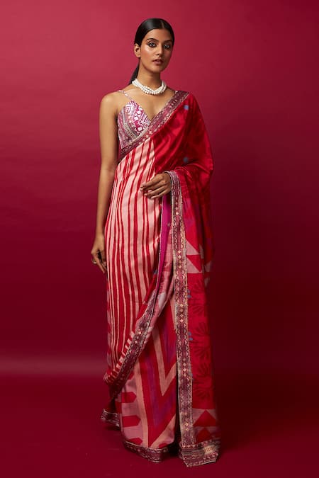 Shop_Vedika M_Multi Color Silk, Satin Sequins Pre-stitched Abstract Print Saree With Blouse _Online_at_Aza_Fashions