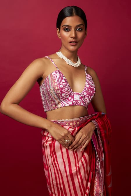 Vedika M_Multi Color Silk, Satin Sequins Pre-stitched Abstract Print Saree With Blouse _at_Aza_Fashions