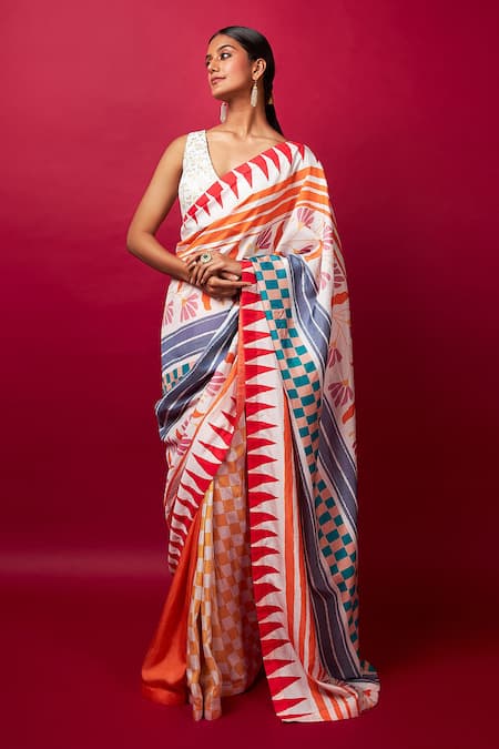 Vedika M Pre-Stitched Abstract Geometric Print Saree With Blouse 