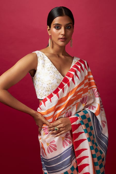 Shop_Vedika M_Multi Color Silk Sequins Pre-stitched Abstract Geometric Print Saree With Blouse _Online_at_Aza_Fashions
