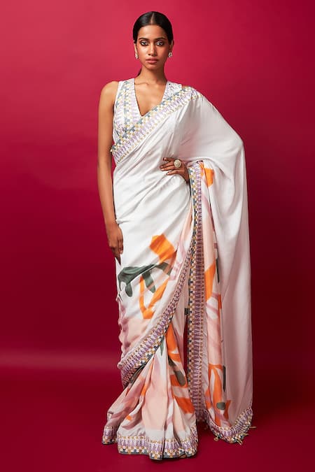 Vedika M Multi Color Blouse Sequin Abstract Print Square V Neck Saree With 