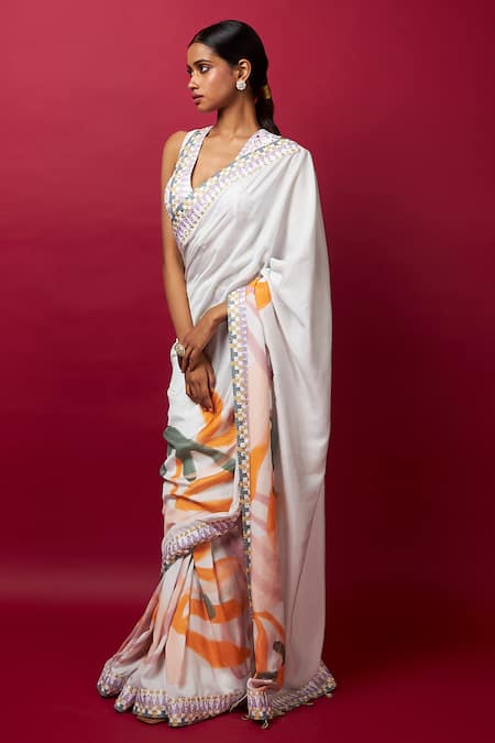 Vedika M_Multi Color Silk Sequins, Tassels Square Neck Abstract Print Saree With Blouse _Online_at_Aza_Fashions
