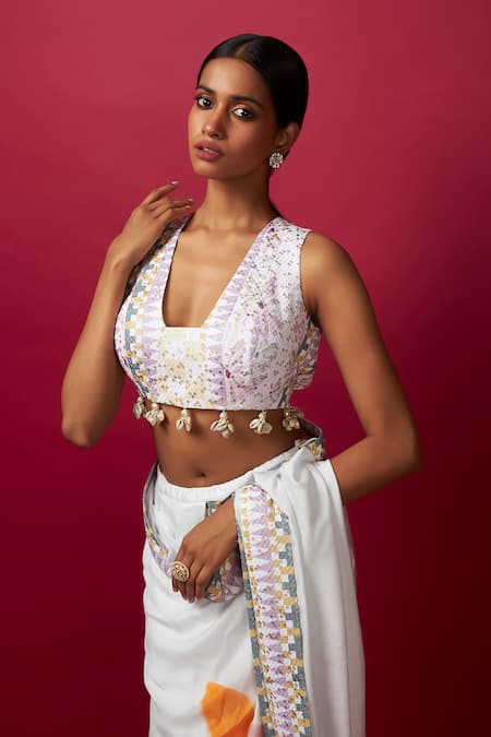 Buy_Vedika M_Multi Color Silk Sequins, Tassels Square Neck Abstract Print Saree With Blouse _Online_at_Aza_Fashions