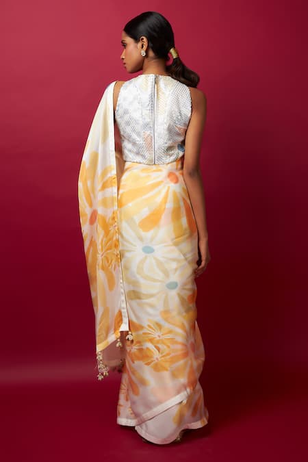 Shop_Vedika M_Multi Color Blouse Sequin Floral Print Round Neck Satin Organza Saree And _at_Aza_Fashions