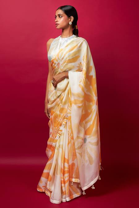 Vedika M_Multi Color Blouse Sequin Floral Print Round Neck Satin Organza Saree And _Online_at_Aza_Fashions