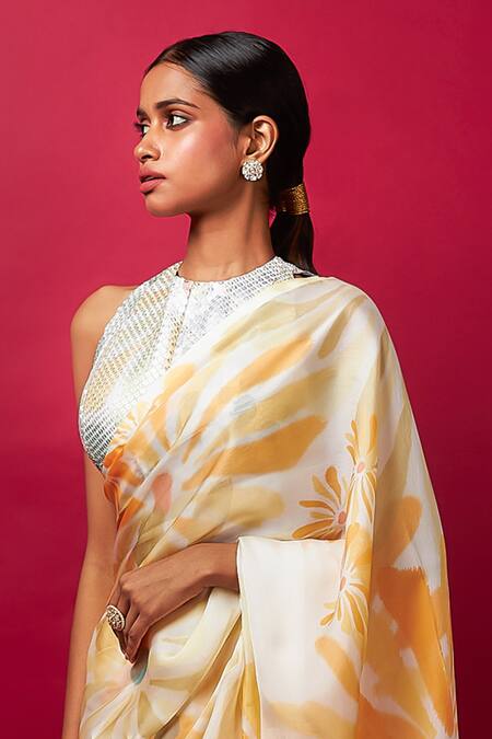 Buy_Vedika M_Multi Color Blouse Sequin Floral Print Round Neck Satin Organza Saree And _Online_at_Aza_Fashions